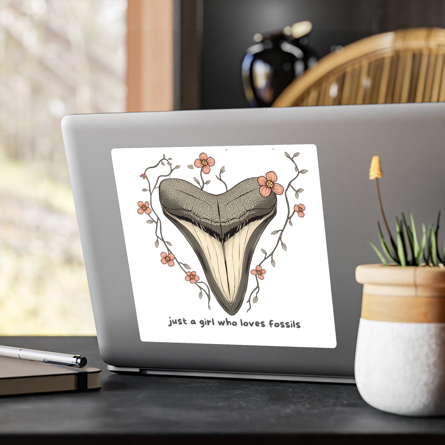 Fossil Shark Tooth Kiss-Cut Vinyl Decal “just a girl who loves fossils”