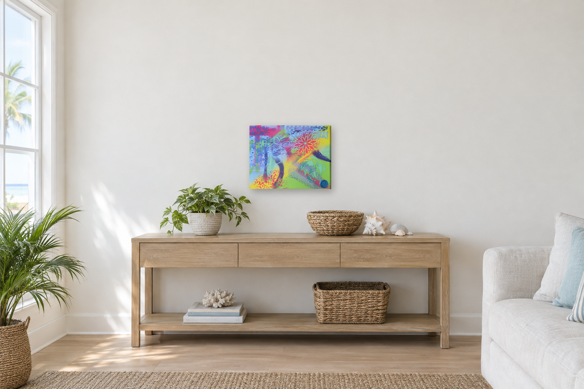 Sample room view: Shark Garden in an AI-generated coastal living room (room is a digital mockup)