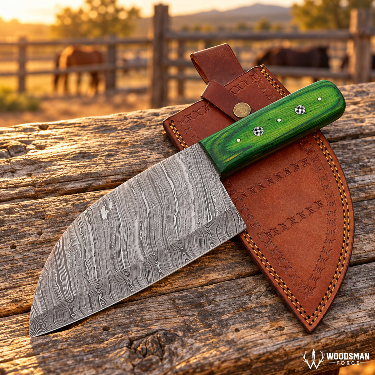 Emerald Mosaiccrest™ Damascus Serbian Chef Knife – Green Pakka Wood Handle