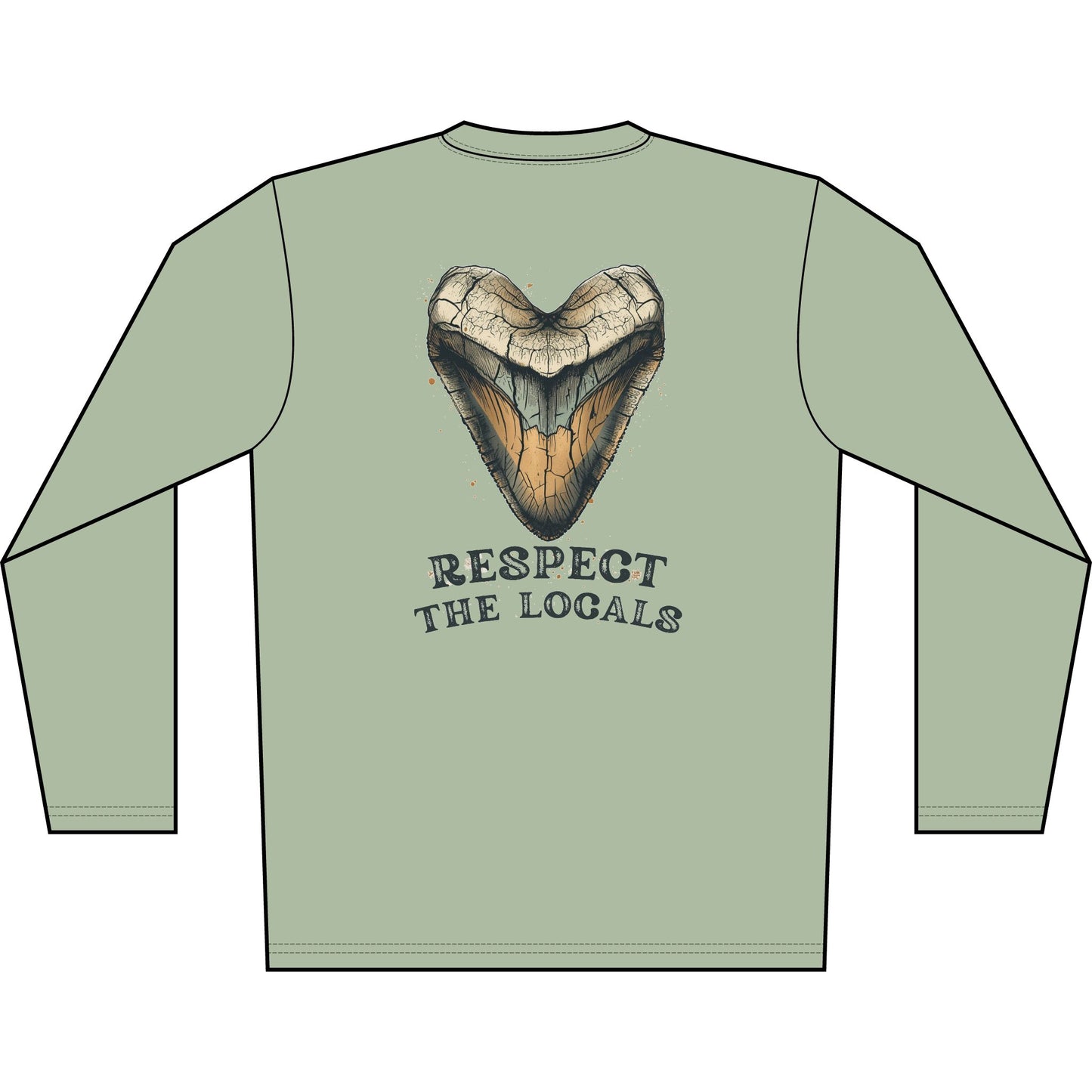 Long Sleeve Shirt — 'Respect the Locals' Shark Tooth Graphic (Relic Reef Logo)