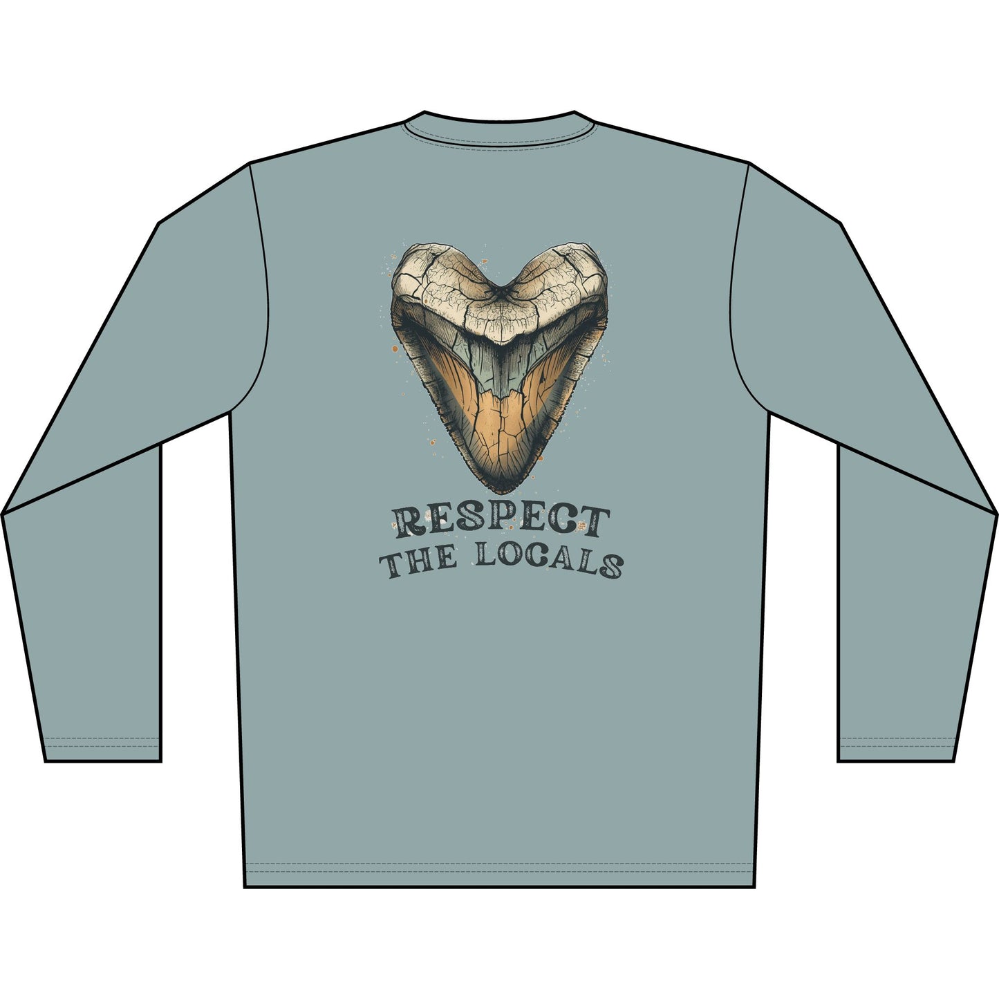 Long Sleeve Shirt — 'Respect the Locals' Shark Tooth Graphic (Relic Reef Logo)