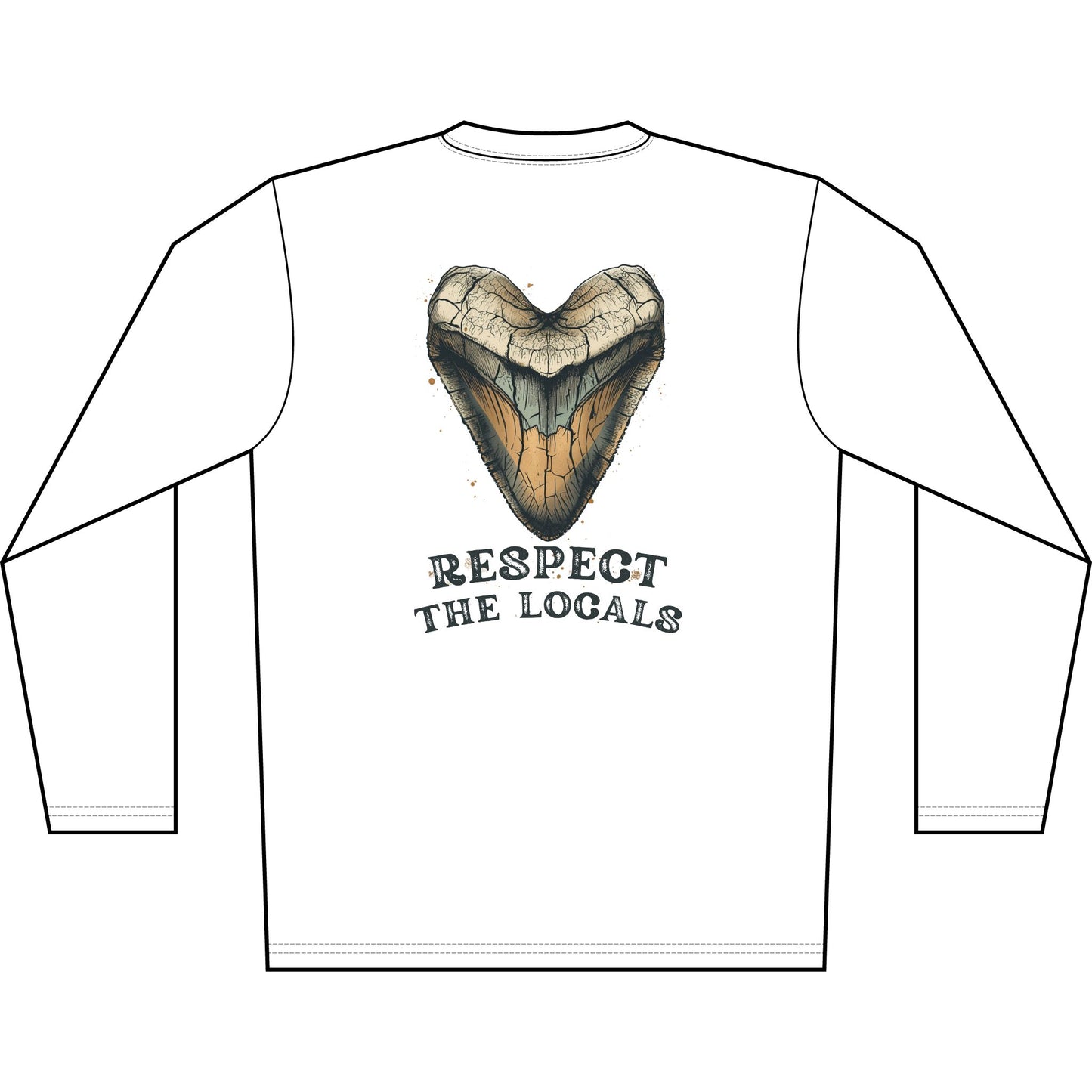 Long Sleeve Shirt — 'Respect the Locals' Shark Tooth Graphic (Relic Reef Logo)