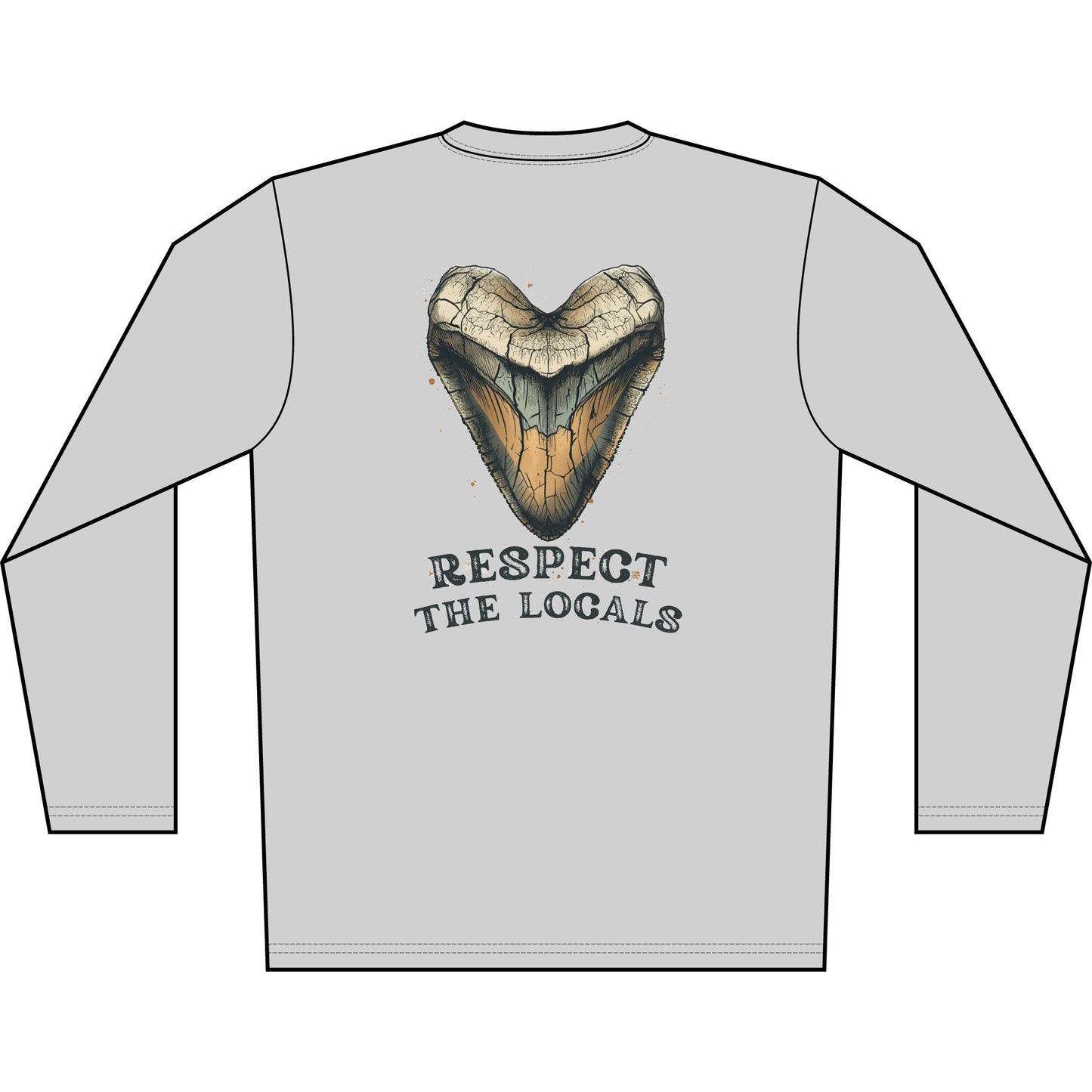 Long Sleeve Shirt — 'Respect the Locals' Shark Tooth Graphic (Relic Reef Logo)