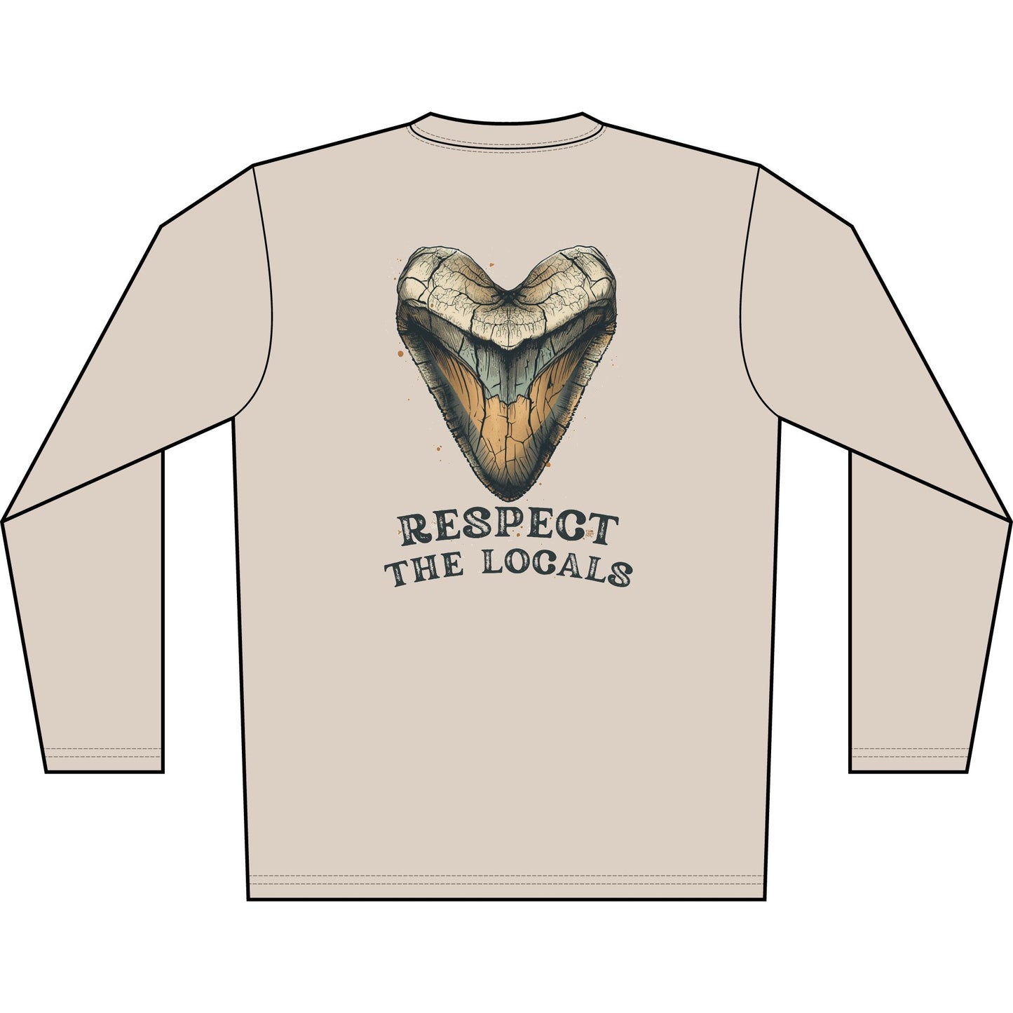 Long Sleeve Shirt — 'Respect the Locals' Shark Tooth Graphic (Relic Reef Logo)