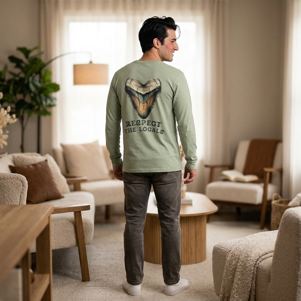 Long Sleeve Shirt — 'Respect the Locals' Shark Tooth Graphic (Relic Reef Logo)