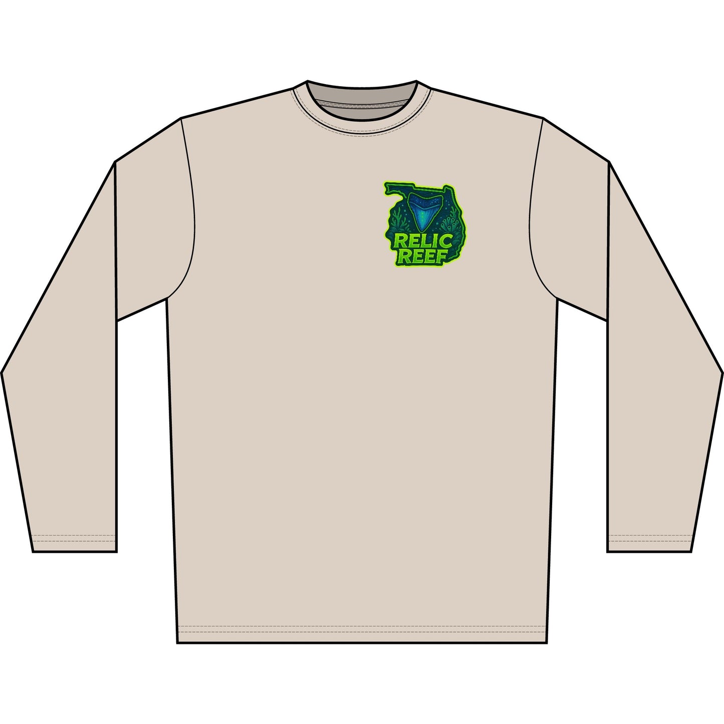 Long Sleeve Shirt — 'Respect the Locals' Shark Tooth Graphic (Relic Reef Logo)