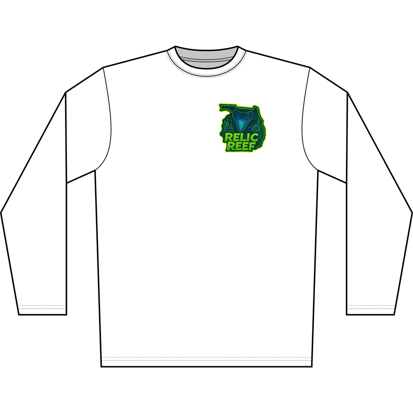 Long Sleeve Shirt — 'Respect the Locals' Shark Tooth Graphic (Relic Reef Logo)
