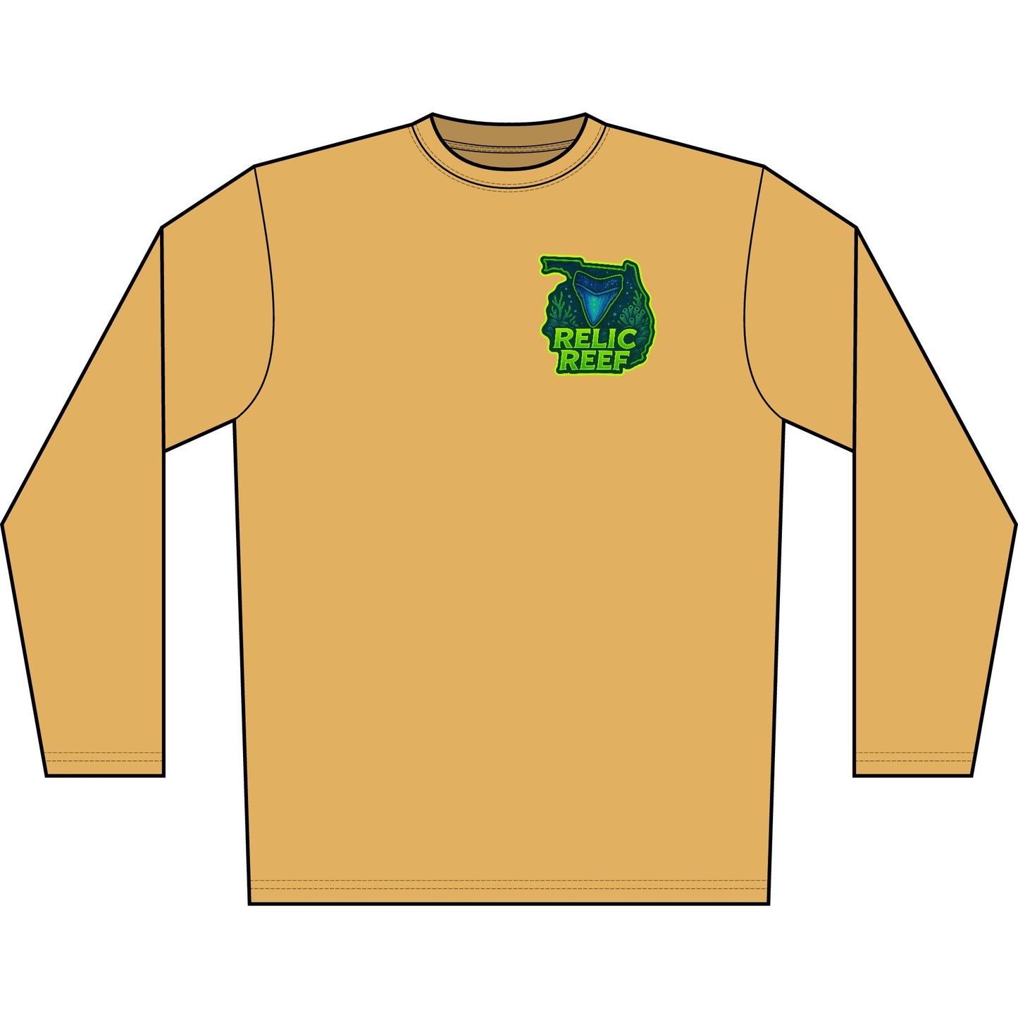 Long Sleeve Shirt — 'Respect the Locals' Shark Tooth Graphic (Relic Reef Logo)