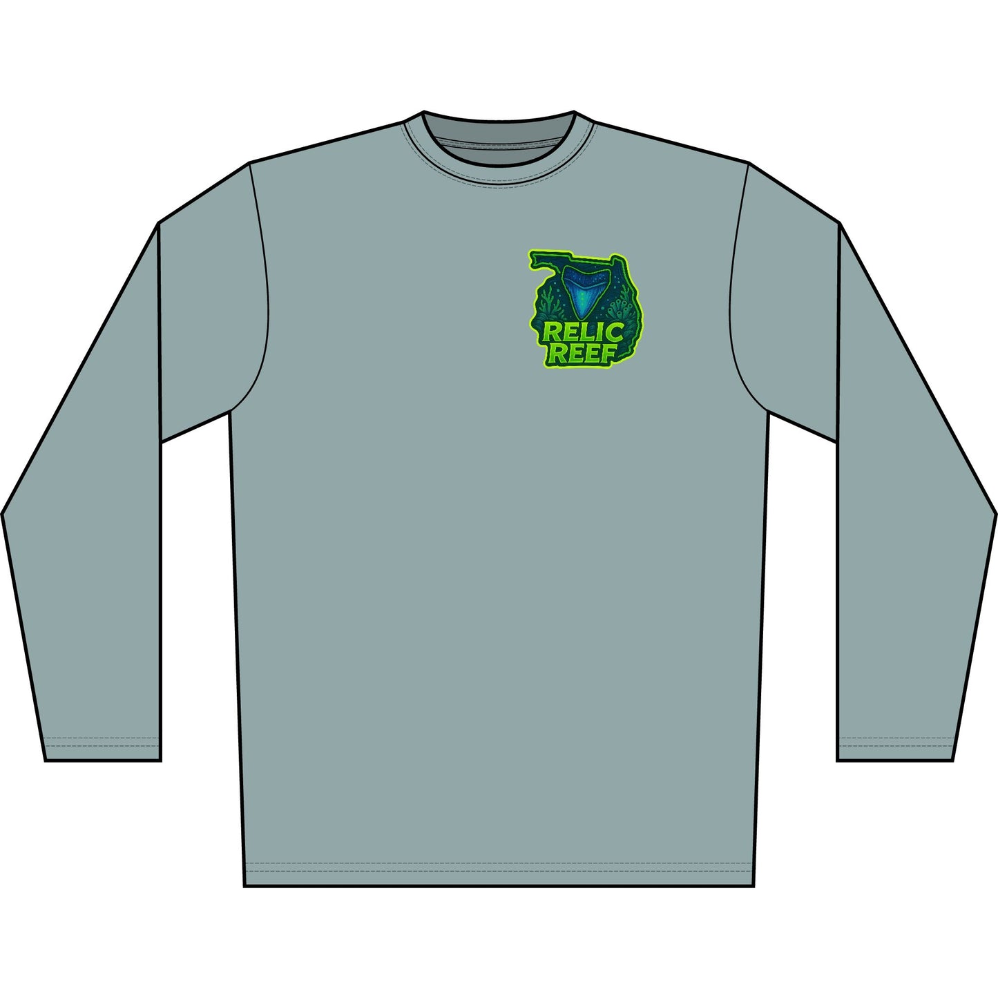Long Sleeve Shirt — 'Respect the Locals' Shark Tooth Graphic (Relic Reef Logo)