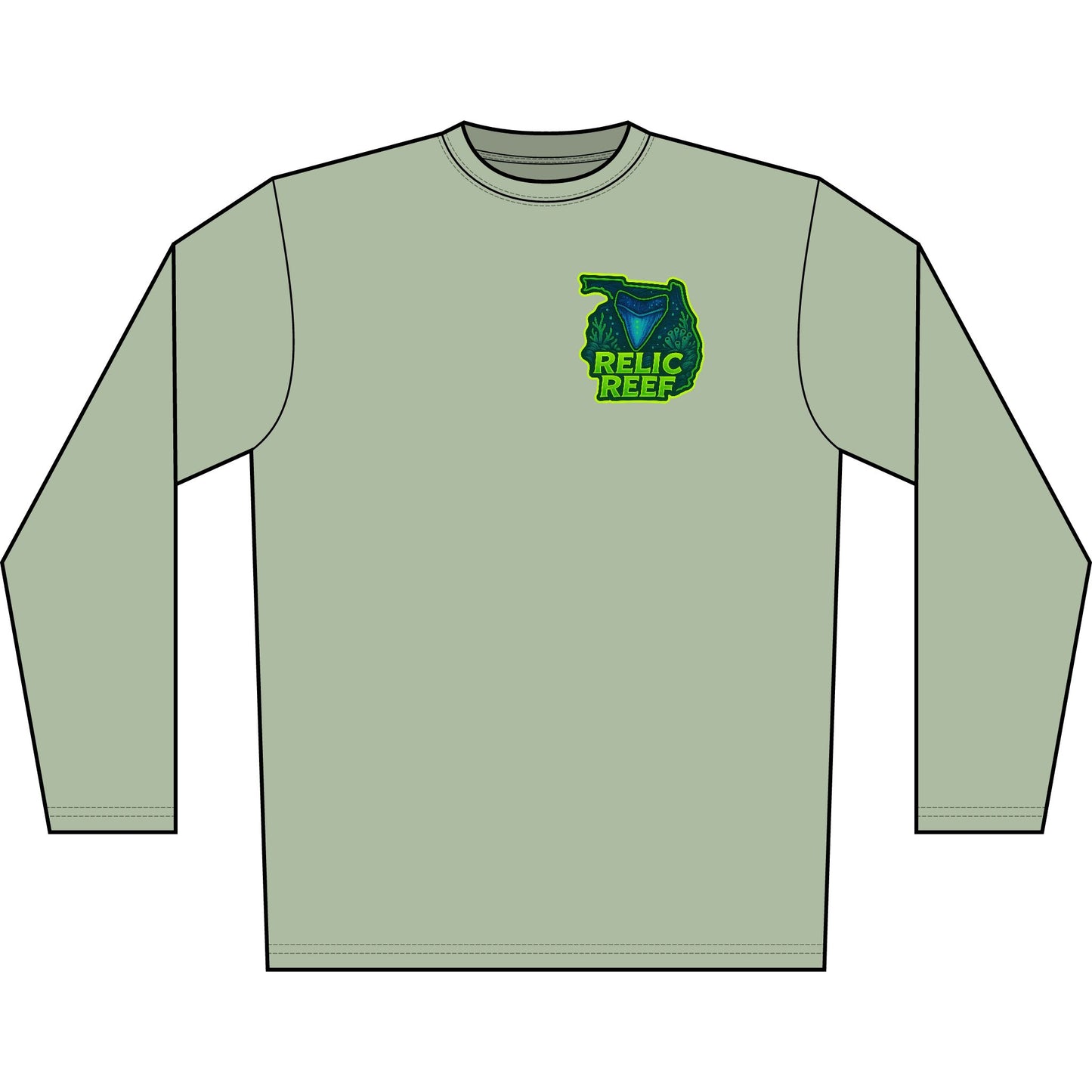 Long Sleeve Shirt — 'Respect the Locals' Shark Tooth Graphic (Relic Reef Logo)
