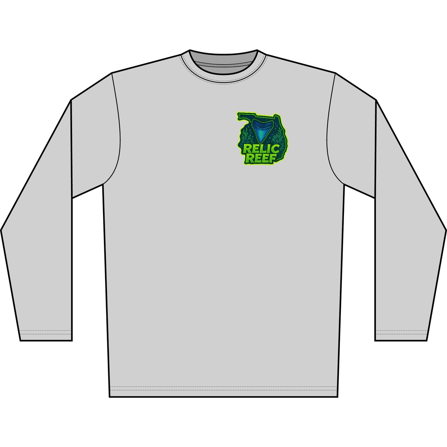 Long Sleeve Shirt — 'Respect the Locals' Shark Tooth Graphic (Relic Reef Logo)