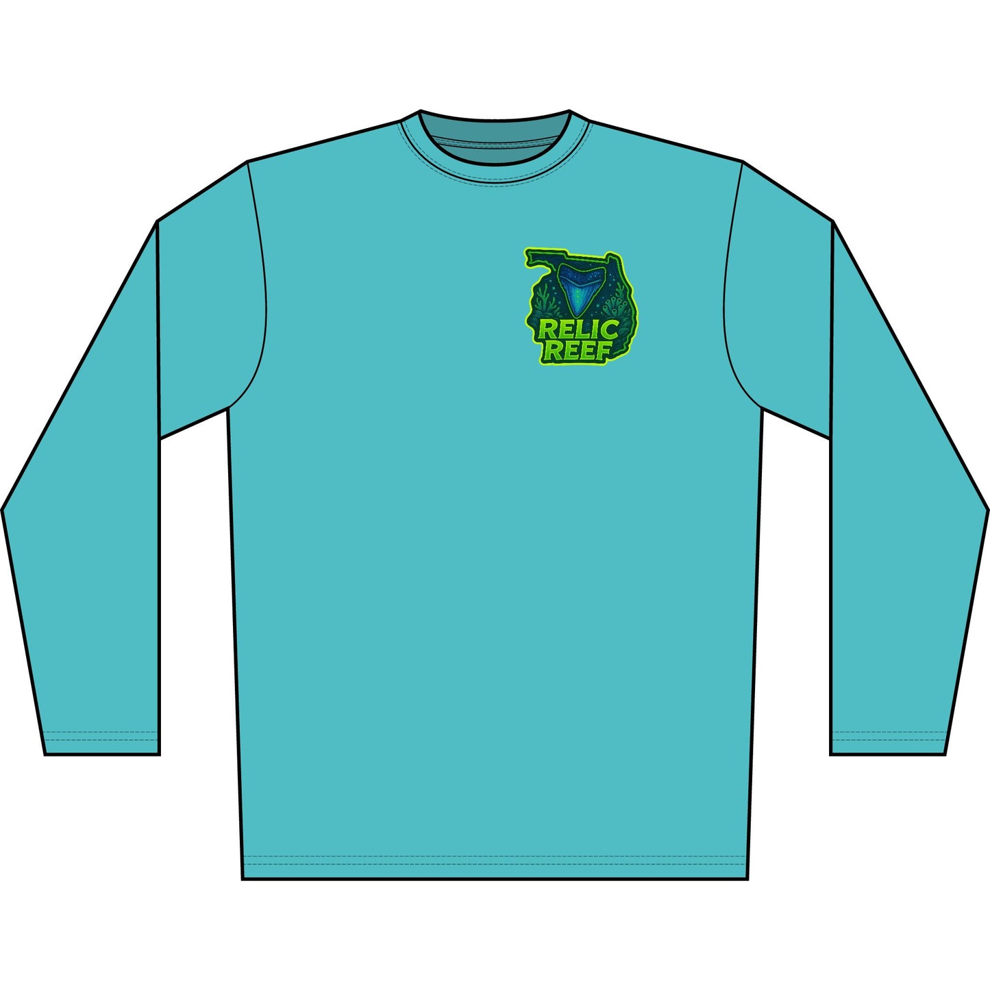 Long Sleeve Shirt — 'Respect the Locals' Shark Tooth Graphic (Relic Reef Logo)