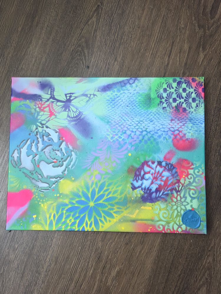 Butterfly Reef original 14x11 spray paint on canvas by S.Harkin, front view
