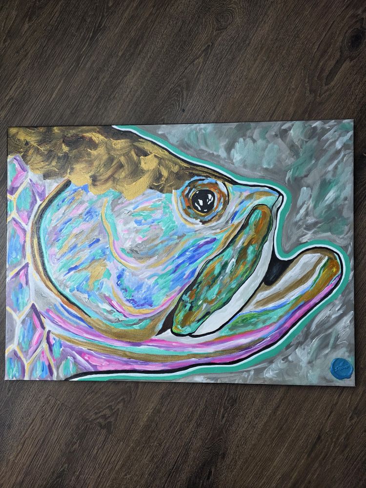Silver King, original 24x18 acrylic tarpon painting on canvas by S.Harkin, full front view