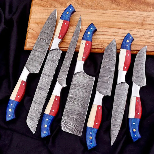 7-Piece Handmade Damascus Steel Chef Knife Set – Twist Pattern Full Tang Kitchen Knives