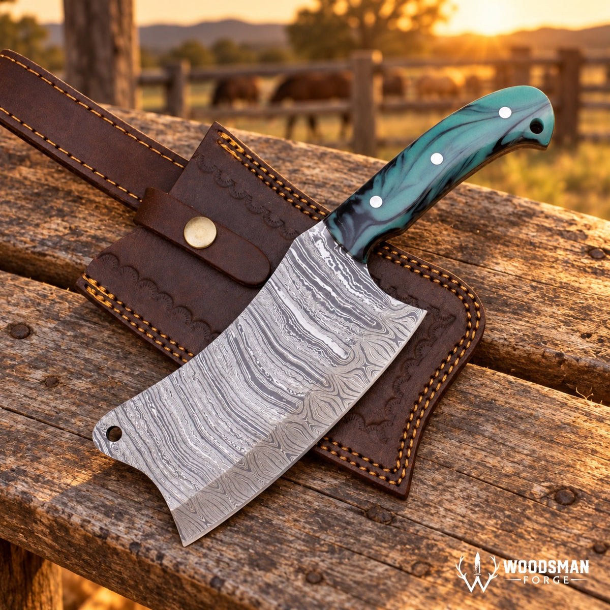 Prismforge Mosaiccrest Damascus Cleaver Knife – Multicolour Acrylic Handle