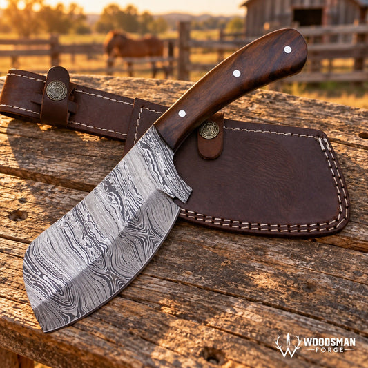 Walnutforge Hearthwarden Handmade Damascus Cleaver Knife – Walnut Wood Handle