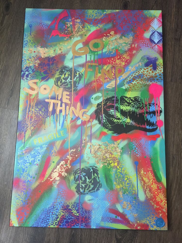 Go Find Something, original 36x24 spray paint and gold flake painting on canvas by S.Harkin, full front view