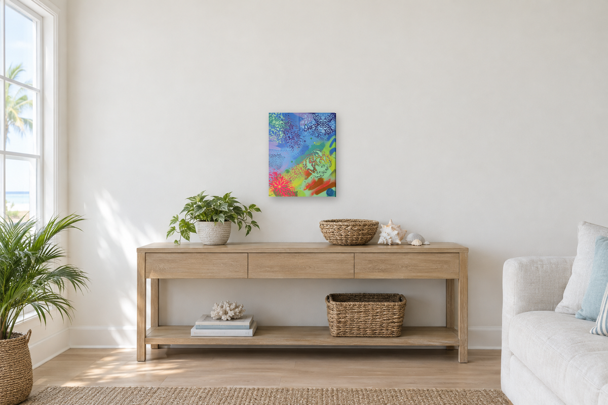 Sample room view: Reef Frenzy shown on a wall in an AI-generated coastal living room (room is a digital mockup)