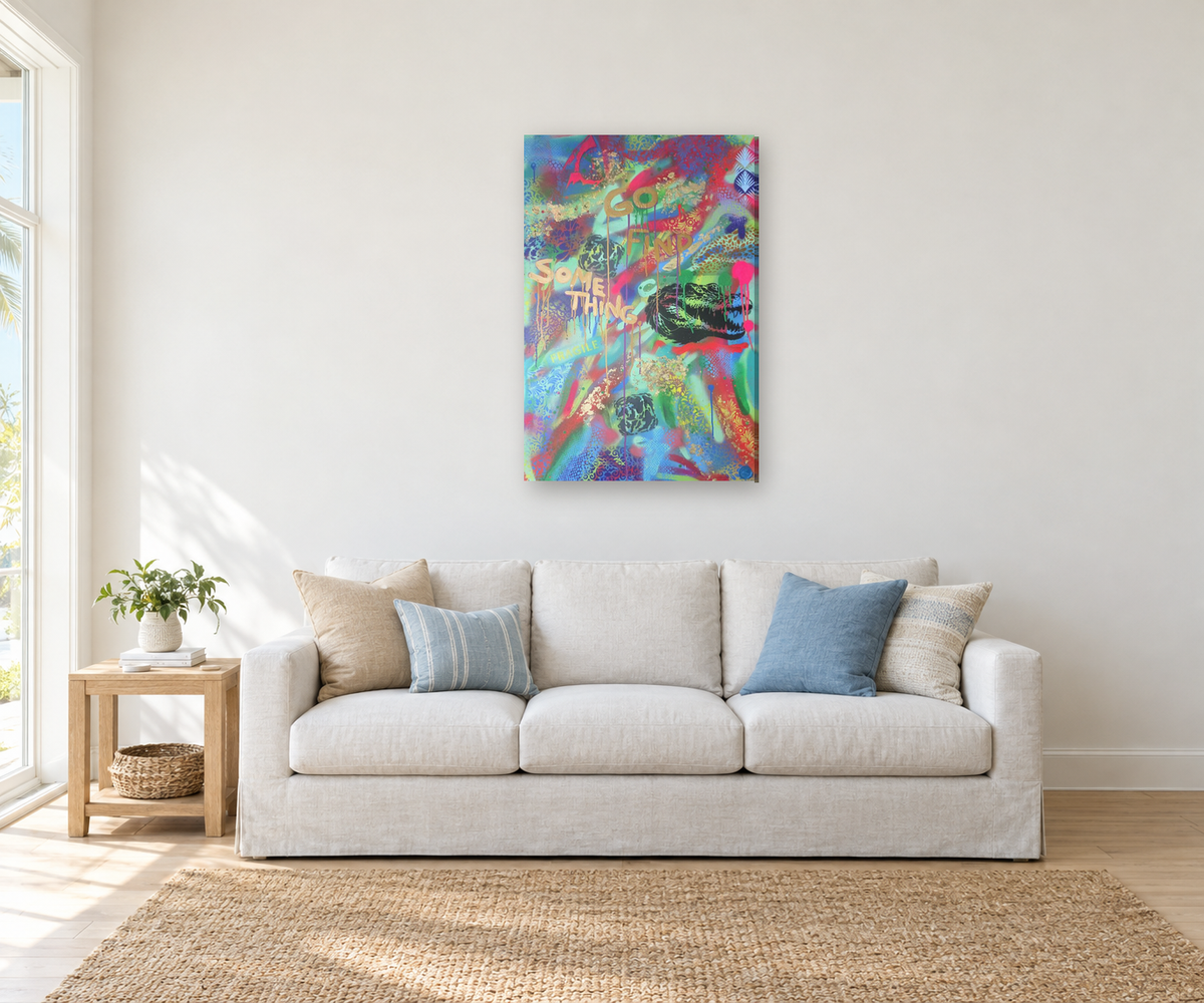 Go Find Something by S.Harkin above a sofa in a coastal living room (digital mockup shown to scale)