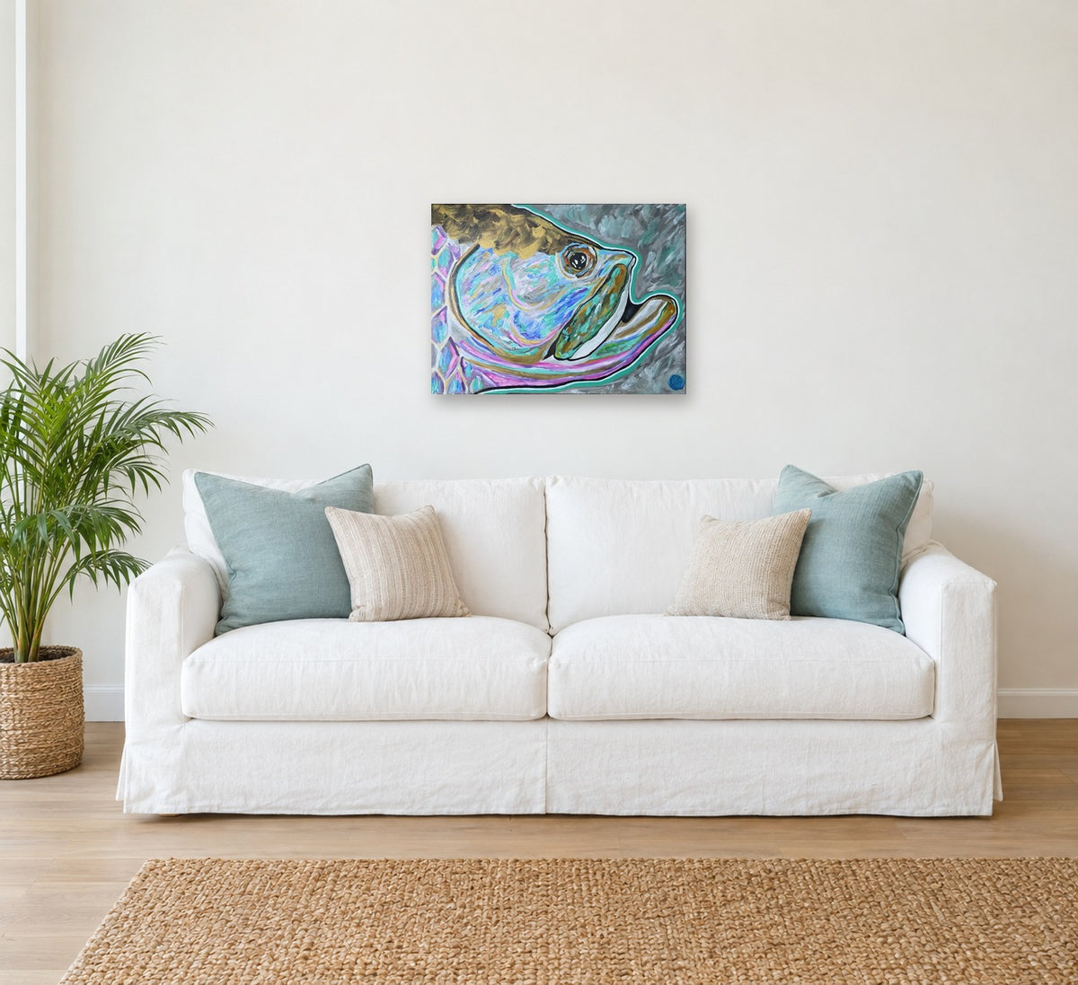 Sample room view: Silver King above a sofa in an AI-generated coastal living room (room is a digital mockup)