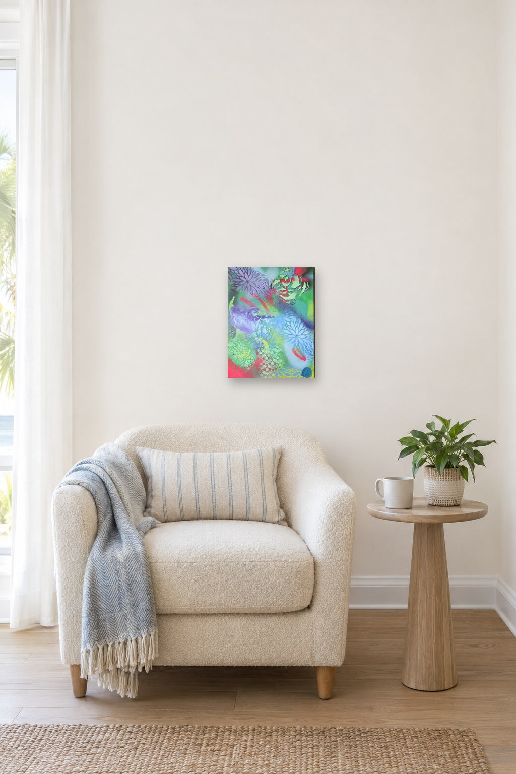 Sample room view: Neon Current above an armchair in an AI-generated coastal room (room is a digital mockup)
