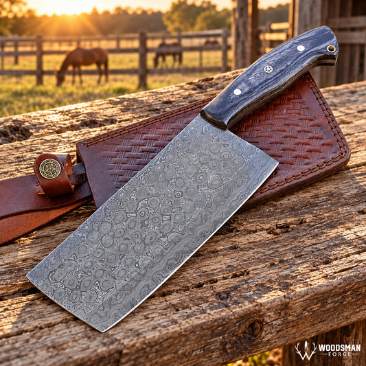 Timberfall Forgecrest Damascus Cleaver Knife – Full Tang & Wood Handle