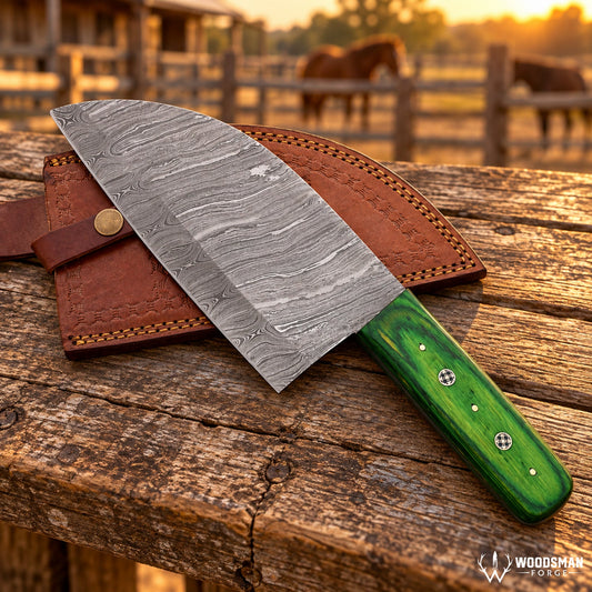 Emerald Mosaiccrest™ Damascus Serbian Chef Knife – Green Pakka Wood Handle